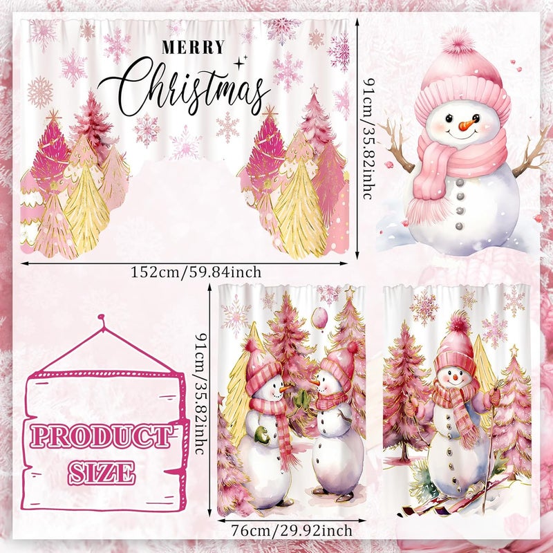 FuWeave Christmas Kitchen Curtains 3 Piece Set Pink Snowman Window Curtains and Valance Set Xmas Curtain Swag for Kitchen Bedroom Living Room Decor, 60 x 36 Valance, 36 x 30 Tier - Image 2